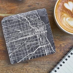 Chicago Housewarming Gift, Printed Slate Coasters, Illinois Decor, Chicago IL Gift, Coaster Set, Realtor Closing, Chicago IL Housewarming