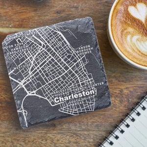 Charleston Housewarming Gift, Printed Slate Coaster, Charleston Decor, Charleston SC Gift, Coaster Set, Real Estate Closing, Charleston Map
