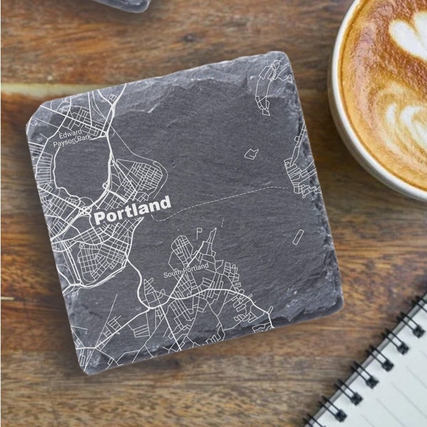 Portland ME Coaster, Portland Decor, Housewarming, Portland ME Gift, Slate Coaster Set, Realtor Closing, Portland Home Gift, Maine Home Gift