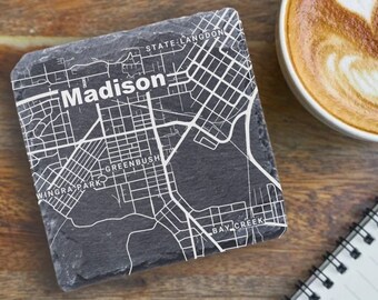Madison Housewarming Gift, Engraved Slate Coaster, Madison Decor, Madison WI Gift, Coaster Set, Real Estate Closing, Madison Map, Wisconsin