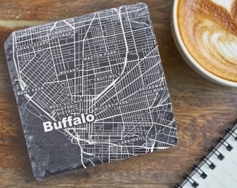 Buffalo Housewarming Gift, Printed Slate Coasters, Buffalo Decor, Buffalo NY Gift, Coaster Set, Real Estate Closing, Buffalo Map, New York