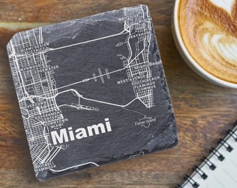 Miami Housewarming Gift, Printed Slate Coaster, Miami Decor, Miami FL Gift, Coaster Set, Real Estate Closing, Miami Map, Realtor Closing