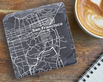 San Francisco Housewarming Gift, Engraved Slate Coaster, San Francisco Decor, San Francisco CA Gift, Coaster Set, San Francisco Map