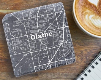 Olathe KS Coaster, Olathe KS Decor, Housewarming, Olathe KS Gift, Slate Coaster Set, Realtor Closing, Olathe Home Gift, Kansas Home Gift