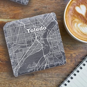 Toledo Housewarming Gift, Printed Slate Coasters, Ohio Decor, Toledo Ohio Gift, Coaster Set, Real Estate Closing, Toledo Map