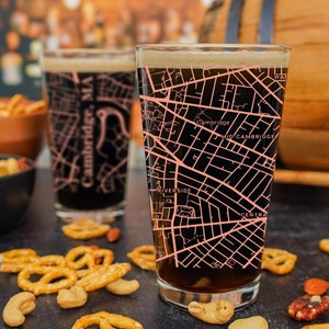 Cambridge Pint Glass, UV Printed Choose From Over 40 Colors, Cambridge Massachusetts Gift, Housewarming, Home Bar, City Map Beer Glass