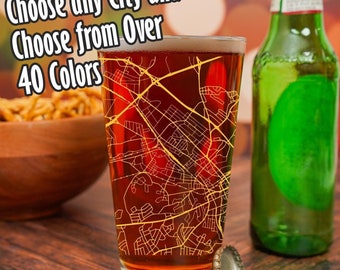 Any City Map on a Pint Glass, Choose Your Color UV Ink & Any Map of Any Town,  Gift for Him or Her, Custom City Map Glass, Travel Gift