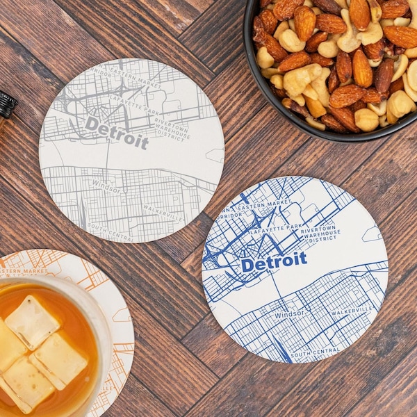 Detroit MI Map Coasters in Your Choice of Color – MI Decor, Michigan Gift, Absorbent Ceramic Coasters, Tourist Keepsake