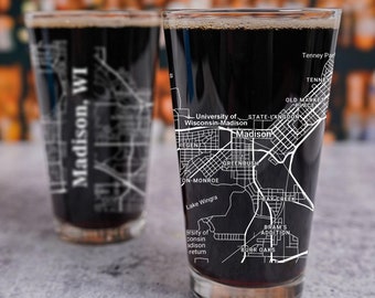 Madison Pint Glass, WI Pint Glass Gift, Engraved or UV Printed City Map Glass, Madison Wisconsin Gift, Housewarming, Home Bar, Fathers Day