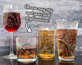 Custom City Map on Pint Glass, Whiskey Glass, Wine Glass, or Beer Can Glass, Engraved or Printed Map of Any Town,  Gift for Him or Her