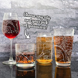 Custom City Map on Pint Glass, Whiskey Glass, Wine Glass, or Beer Can Glass, Engraved or Printed Map of Any Town,  Gift for Him or Her