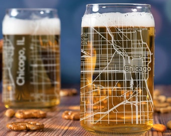 Chicago Beer Can Glass, Chicago IL Beer Can Glass Gift, Engraved City Map Glass, Chicago Illinois Map, Housewarming, Gifts for Him, Dad Gift