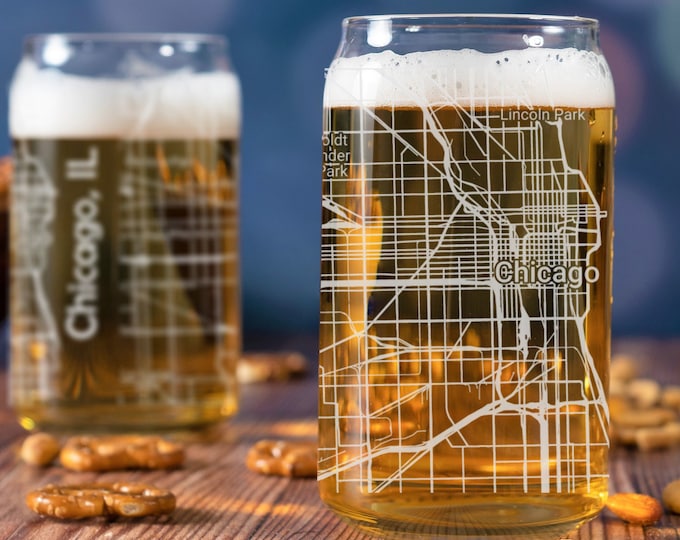 Chicago Beer Can Glass, Chicago IL Beer Can Glass Gift, Engraved City Map Glass, Chicago Illinois Map, Housewarming, Gifts for Him, Dad Gift