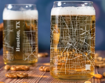 Houston Beer Can Glass, Houston TX Beer Can Glass Gift, Engraved City Map Glass, Houston Texas Gift, Housewarming, Gifts for Him