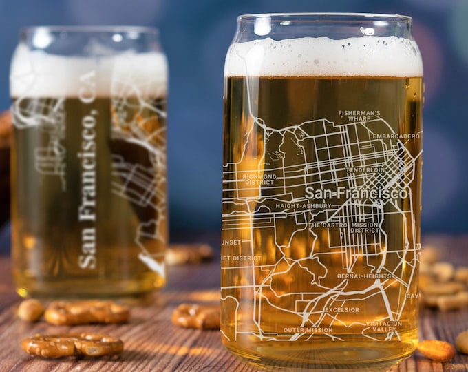 San Francisco Beer Can Glass, San Francisco CA Beer Can Glass Gift, Engraved City Map Glass, San Francisco Gift, Housewarming, Gifts for Him