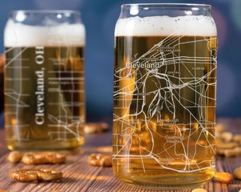 Cleveland Beer Can Glass, Cleveland OH Beer Can Glass Gift, Engraved City Map Glass, Cleveland Ohio Gift, Housewarming, Gifts for Him