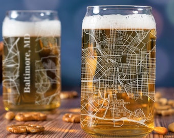 Baltimore Beer Can Glass, Baltimore MD Beer Can Glass Gift, Engraved City Map Glass, Baltimore Maryland Gift, Housewarming, Gifts for Him