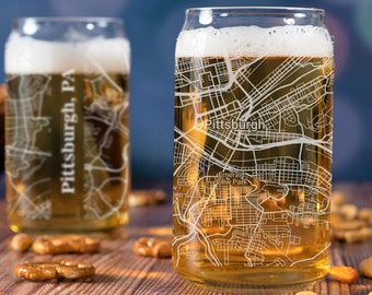 Pittsburgh Beer Can Glass, Pittsburgh PA Beer Can Glass Gift, Engraved City Map Glass, Pittsburgh PA Map, Housewarming, Gifts for Him