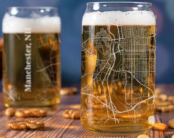 Manchester Beer Can Glass, Manchester NH Beer Can Glass Gift, Engraved City Map Glass, Manchester NH Map Gift, Housewarming, Gifts for Him