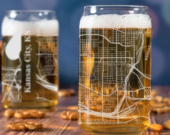 Kansas City Beer Can Glass, Kansas City Beer Can Glass Gift, Engraved City Map Glass, Kansas City Kansas Map, Housewarming, Gifts for Him