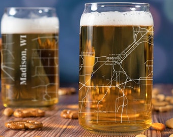 Madison Beer Can Glass, Madison WI Beer Can Glass Gift, Engraved City Map Glass, Madison Wisconsin Map Gift, Housewarming, Gifts for Him