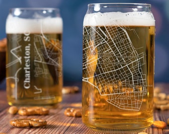 Charleston Beer Can Glass, Charleston SC Beer Can Glass Gift, Engraved City Map Glass, Charleston SC Gift, Housewarming, Gifts for Him