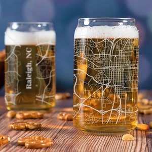 Raleigh Beer Can Glass, Raleigh NC Beer Can Glass Gift, Engraved City Map Glass, Raleigh North Carolina Gift, Housewarming, Gifts for Him