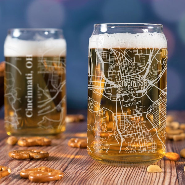 Cincinnati Beer Can Glass, Cincinnati OH Beer Can Glass Gift, Engraved City Map Glass, Cincinnati Ohio Gift, Housewarming, Gifts for Him
