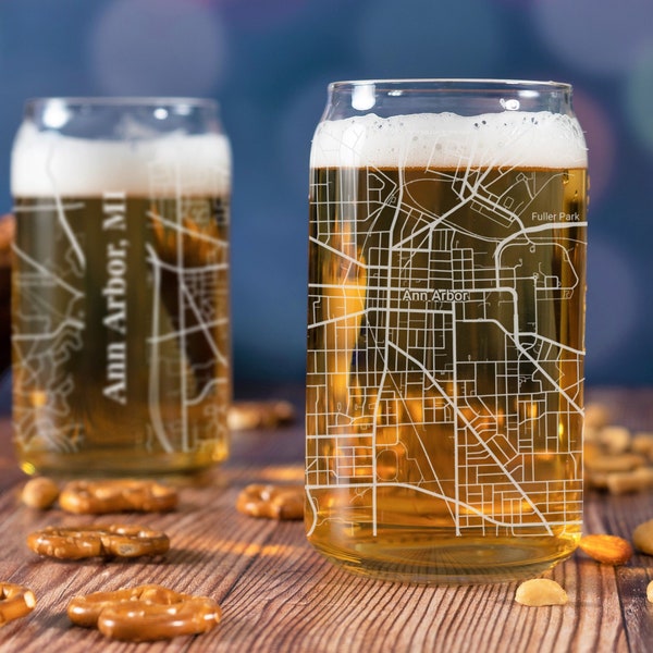 Ann Arbor Beer Can Glass, Ann Arbor MI Beer Can Glass Gift, Engraved City Map Glass, Ann Arbor Michigan Gift, Housewarming, Gifts for Him