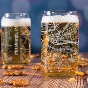 Pittsburgh Beer Can Glass, Pittsburgh PA Beer Can Glass Gift, Engraved City Map Glass, Pittsburgh PA Map, Housewarming, Gifts for Him