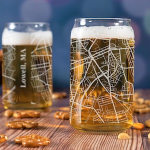 Lowell Beer Can Glass, Lowell MA Beer Can Glass Gift, Engraved City Map Glass, Lowell Massachusetts Map Gift, Housewarming, Gifts for Him