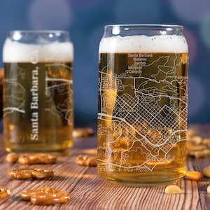 Santa Barbara Beer Can Glass, Santa Barbara CA Beer Can Glass Gift, Engraved City Map Glass, Santa Barbara Gift, Housewarming, Gifts for Him