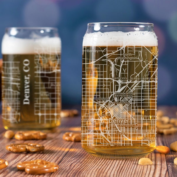 Denver Beer Can Glass, Denver CO Beer Can Glass Gift, Engraved City Map Glass, Denver Colorado Map Gift, Housewarming, Gifts for Him