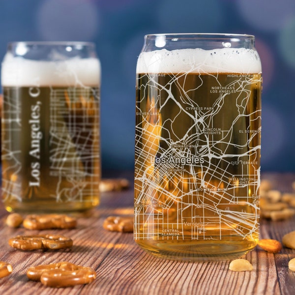 Los Angeles Beer Can Glass, Los Angeles CA Beer Can Glass Gift, Engraved City Map Glass, Los Angeles California, Housewarming, Gifts for Him