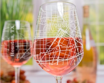 Houston Wine Glass, Houston TX Wine Glass Gift, Engraved City Map Glass, Houston Texas Gift, Housewarming Gift for Her, Wine Gift