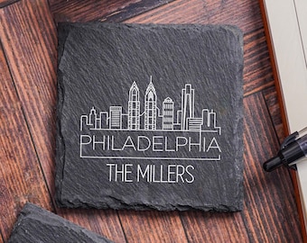 Philadelphia Skyline Coasters, Personalized Pennsylvania Decor, Custom Cityscape Slate Coaster, Housewarming, Philadelphia PA Stone Coasters