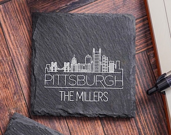 Pittsburgh Skyline Coasters, Personalized Pennsylvania Decor, Custom Cityscape Slate Coaster, Housewarming Gift, Pittsburgh PA Stone Coaster