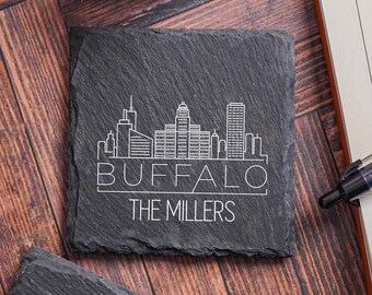 Buffalo Skyline Coasters, Personalized New York Decor, Custom Cityscape Slate Coaster, Housewarming Gift, Buffalo NY Stone Coasters