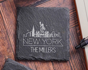 New York City Skyline Coasters, Personalized New York Decor, Custom Cityscape Slate Coaster, Housewarming, New York City NY Stone Coasters