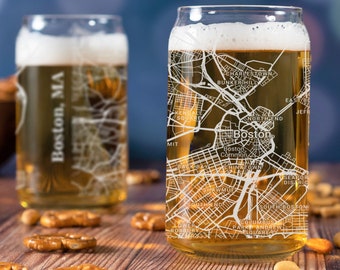 Boston Beer Can Glass, Boston MA Beer Can Glass Gift, Engraved City Map Glass, Boston Massachusetts Gift, Housewarming, Gifts for Him