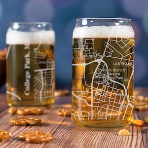 College Park Beer Can Glass, College Park MD Beer Can Glass Gift, Engraved City Map Glass, Maryland Gift, Housewarming, Gifts for Him