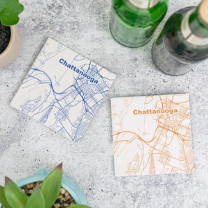 Chattanooga TN Coasters in Custom Colors – Tennessee Home Decor, TN Gift, Travel Keepsake, Ceramic Coaster Set, Housewarming Gift