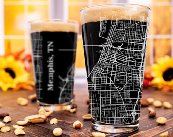 Memphis Pint Glass, TN Pint Glass Gift, Engraved City Map Glass, Memphis Tennessee Gift, Housewarming, Gifts for Him, Home Bar, Fathers Day