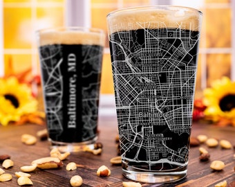 Baltimore Pint Glass, Baltimore MD Pint Glass Gift, Engraved City Map Glass, Baltimore Maryland Gift, Housewarming, Gifts for Him, Home Bar