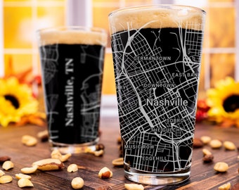 Nashville Pint Glass, TN Pint Glass Gift, Engraved City Map Glass, Tennessee Gift, Housewarming, Gifts for Him, Home Bar, Fathers Day