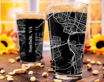 Norfolk Pint Glass, VA Pint Glass Gift, Engraved City Map Glass, Norfolk Virginia Gift, Housewarming, Gifts for Him, Home Bar, Fathers Day