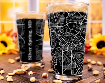 Silver Spring Pint Glass, MD Pint Glass Gift, Engraved City Map Glass, Maryland Gift, Housewarming, Gifts for Him, Home Bar, Fathers Day