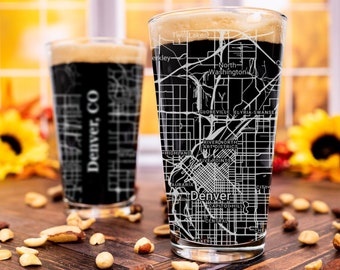 Denver Pint Glass, Denver CO Pint Glass Gift, Engraved City Map Glass, Colorado Gift, Housewarming, Gifts for Him, Home Bar, Fathers Day