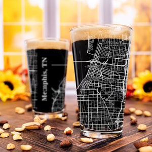 Memphis Pint Glass, TN Pint Glass Gift, Engraved City Map Glass, Memphis Tennessee Gift, Housewarming, Gifts for Him, Home Bar, Fathers Day