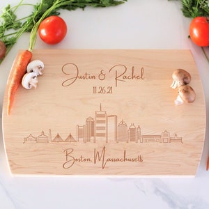 Boston Skyline Personalized Cutting Board, Custom Charcuterie Board, Wedding Gift, Boston Cityscape, Engagement Gift, Engraved Cheese Board